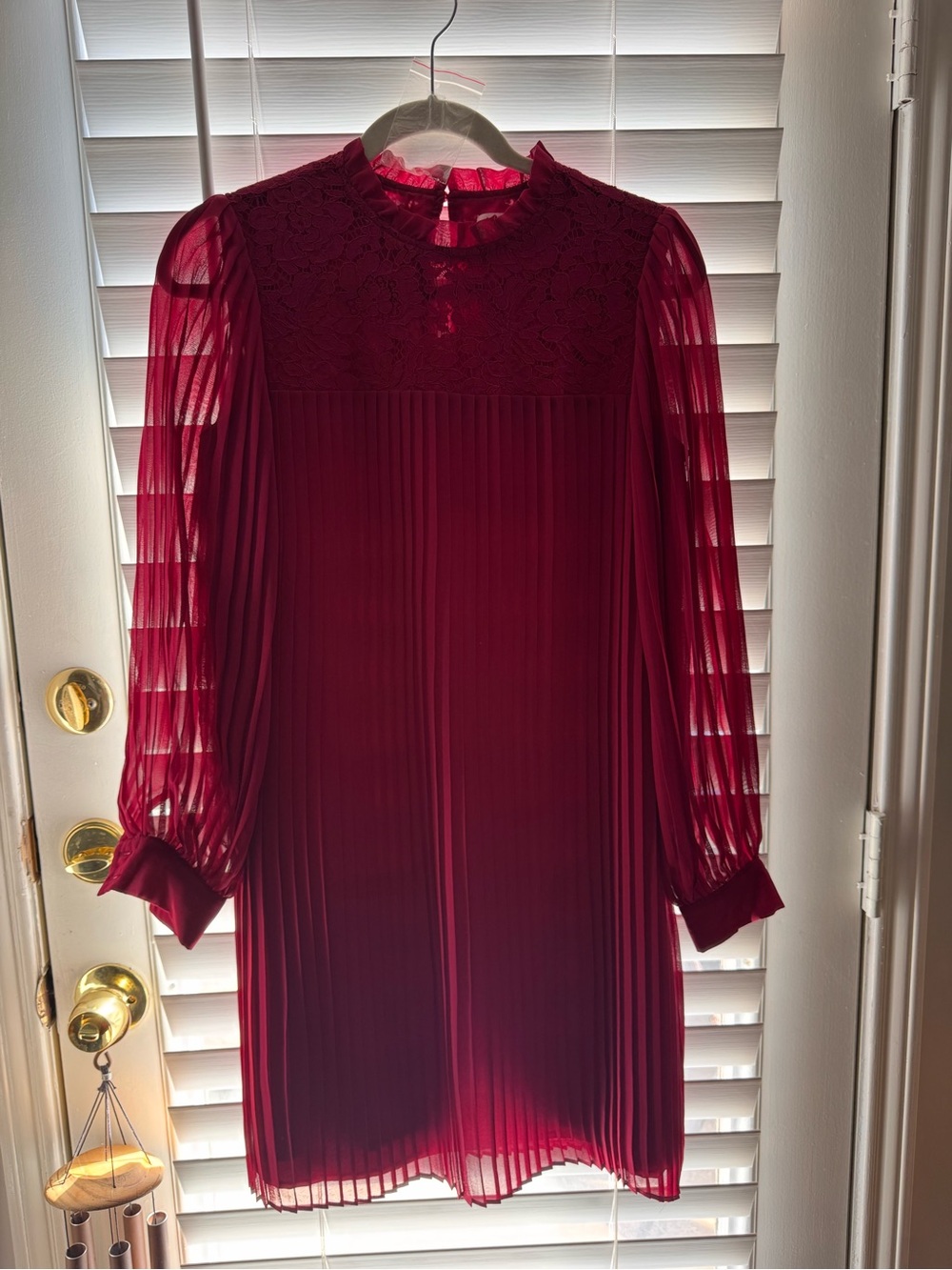 Nanette Lepore - Burgundy Pleated Lace Yoke Mini Dress